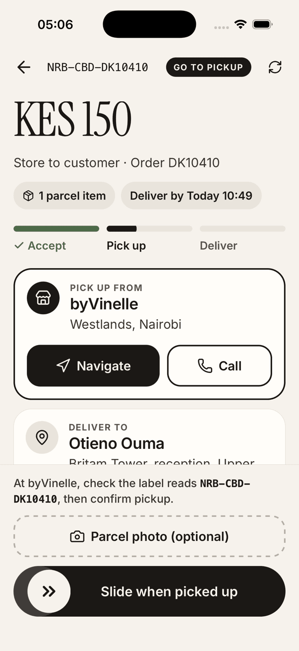 Duka Rider app: a pickup screen with Navigate and Call buttons and a slide to confirm the pickup